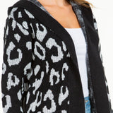 Knit Leopard Print Open Cardigan with Hood and Pockets