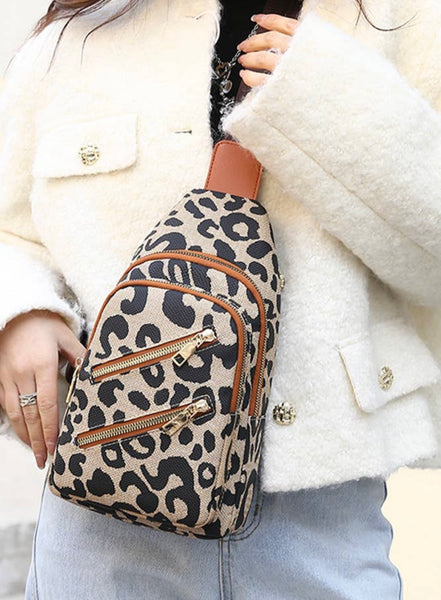 Leopard Print Sling Bag With Pocket Organizers