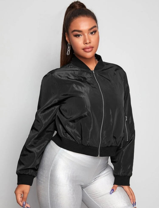 Plus Solid Zip Up Crop Bomber Jacket