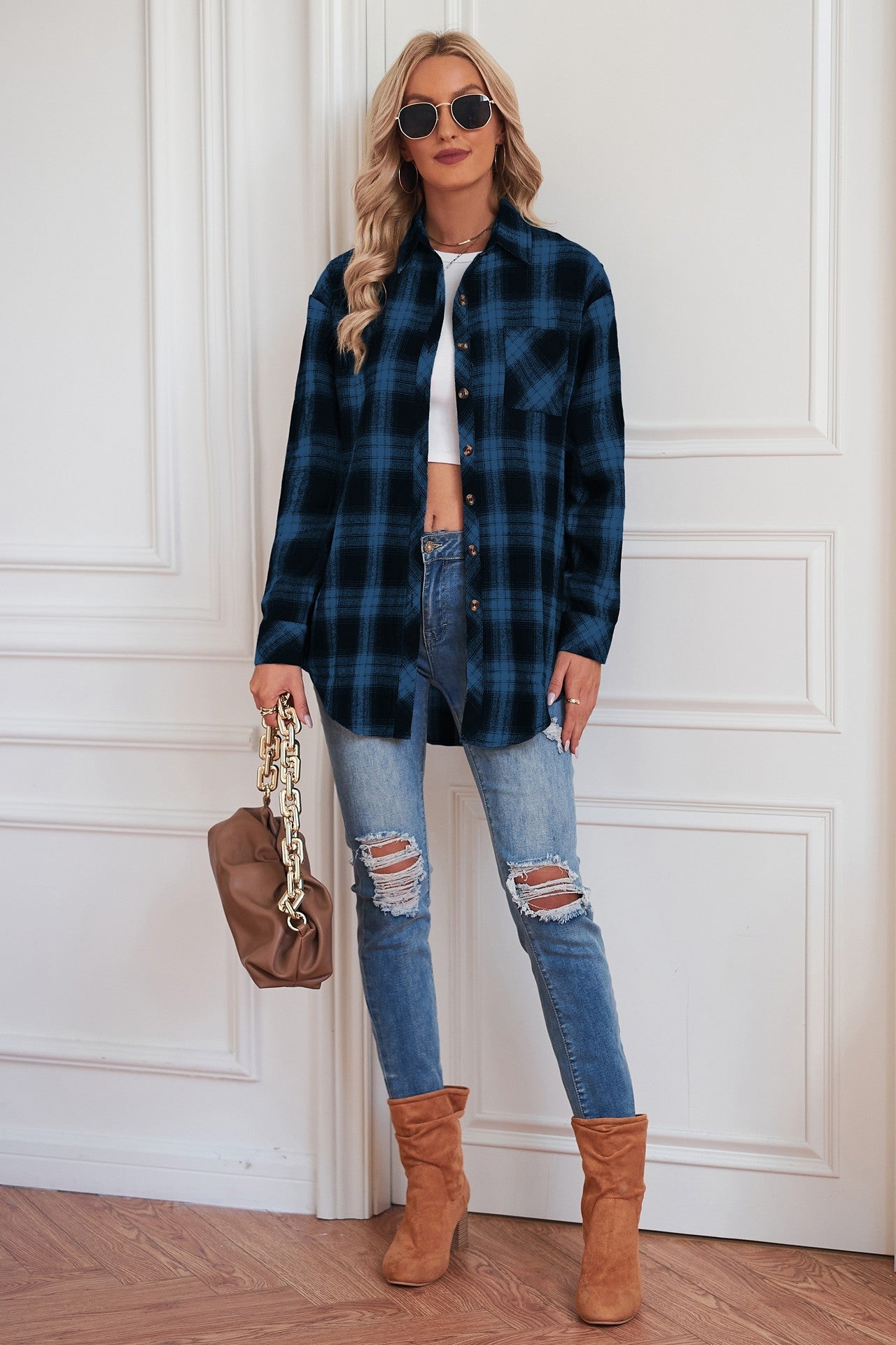 Plaid Curved Hem Longline Shirt