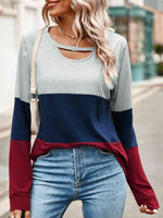 Color Block Cutout Round Neck Long Sleeve T-Shirt