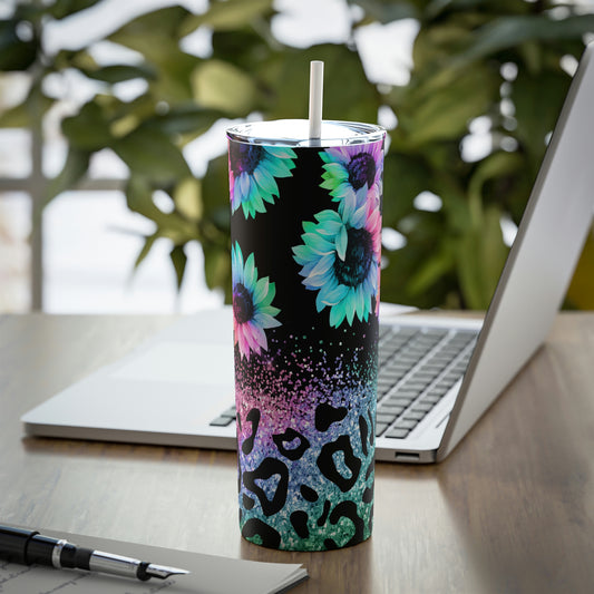 Multi Color Sunflowers & Leopard Print Skinny Steel Tumbler with Straw, 20oz