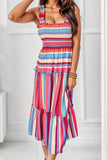 Striped Frill Smocked Tiered Midi Dress