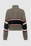 Cable-Knit Striped Quarter Zip Turtleneck Sweater