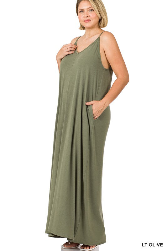 PLUS V NECK CAMI MAXI DRESS WITH SIDE POCKETS