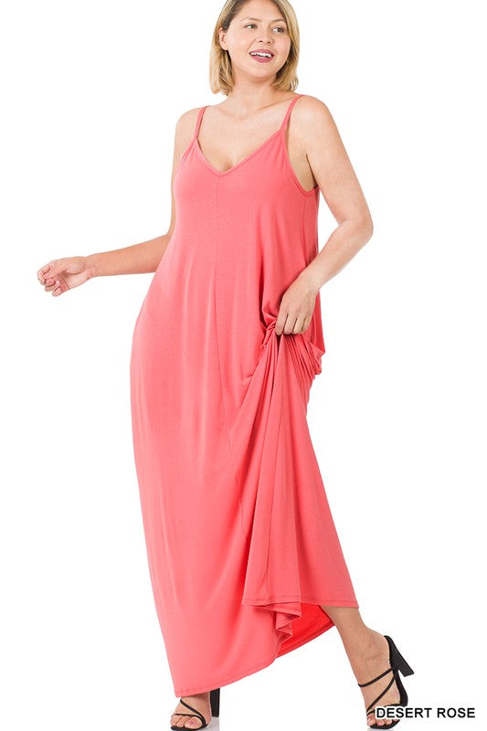 PLUS V NECK CAMI MAXI DRESS WITH SIDE POCKETS