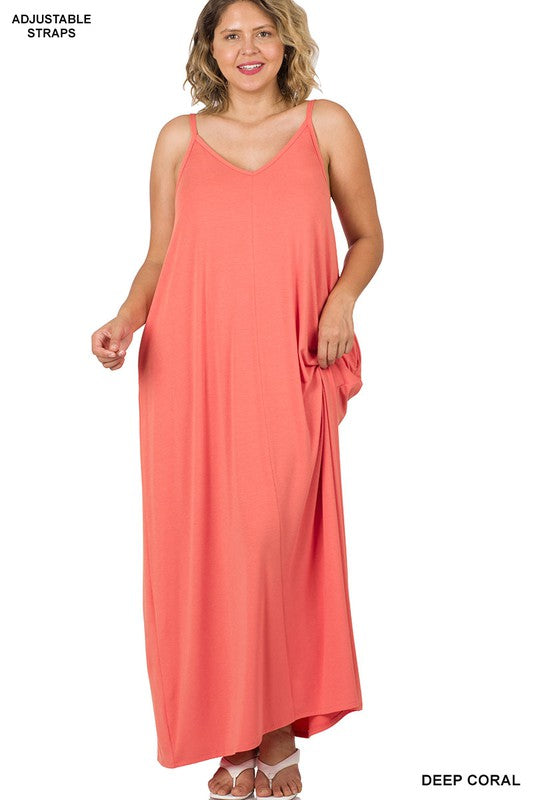 PLUS V NECK CAMI MAXI DRESS WITH SIDE POCKETS