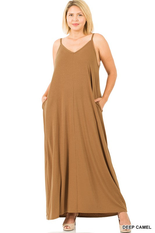 PLUS V NECK CAMI MAXI DRESS WITH SIDE POCKETS