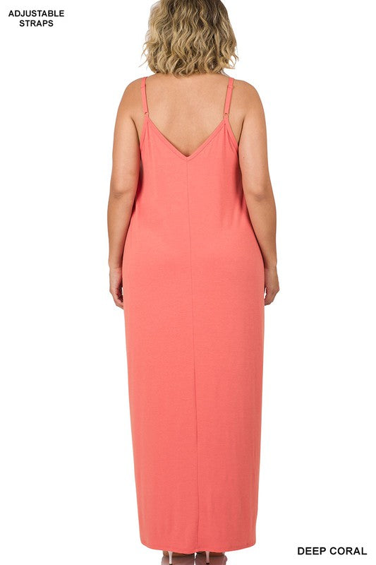 PLUS V NECK CAMI MAXI DRESS WITH SIDE POCKETS