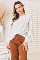 Double Take Eyelet Dropped Shoulder Round Neck Blouse