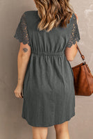 Grey Button Front Lace Sleeve Dress