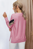 Pink Leopard Print Crew Neck Color Block Lightweight Pullover