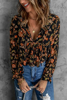 Floral Print Pleated Long Sleeve Blouse