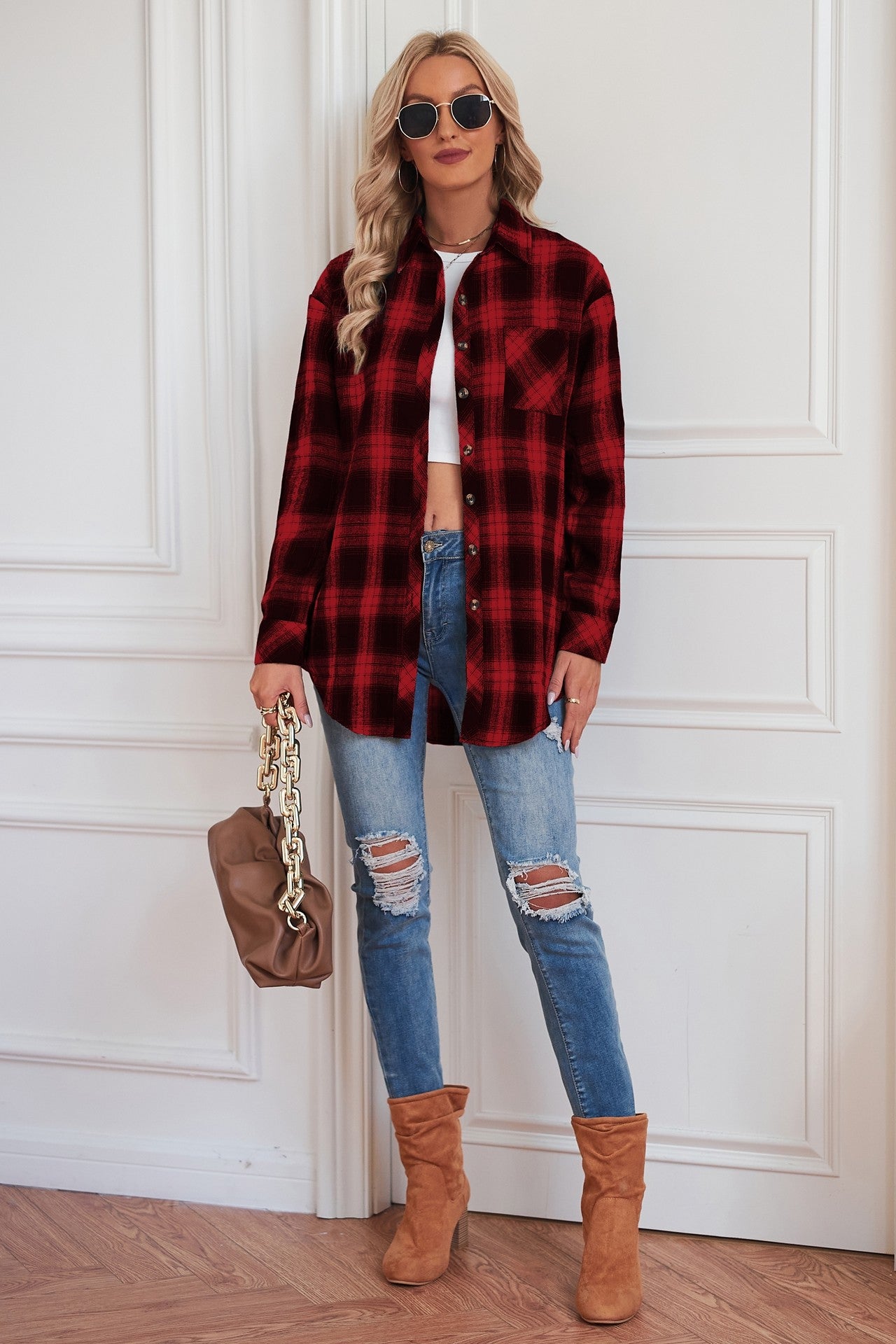 Plaid Curved Hem Longline Shirt