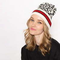 Leopard Print Knit Beanie With Stripe