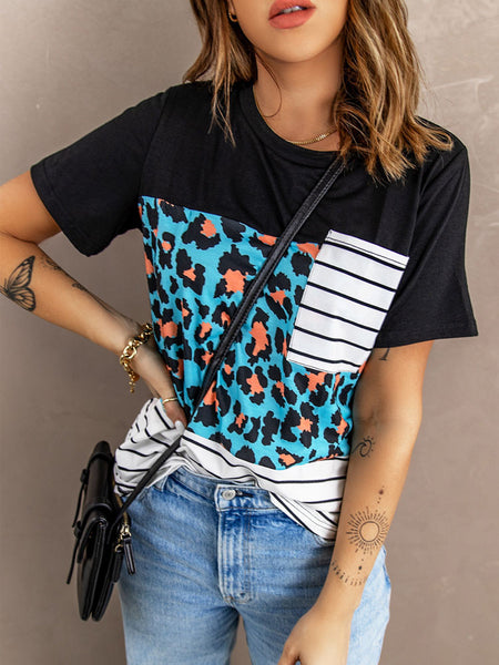 Blue Leopard Striped Pocket T-shirt