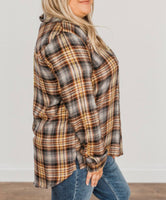 Plaid Buttoned Long Sleeve shirt coat-Curvy