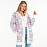 Hooded Knit Abstract and Nordic Snowflake Printed Open Hooded Cardigan