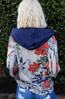 Navy Rust Flower Print Contrast Striped Hooded Zip Up Full Size Run