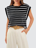 Striped Round Neck Cap Sleeve T-Shirt