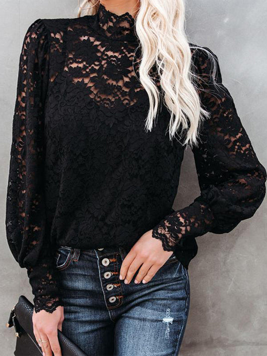 Black Lace Splicing Mock Neck Blouse