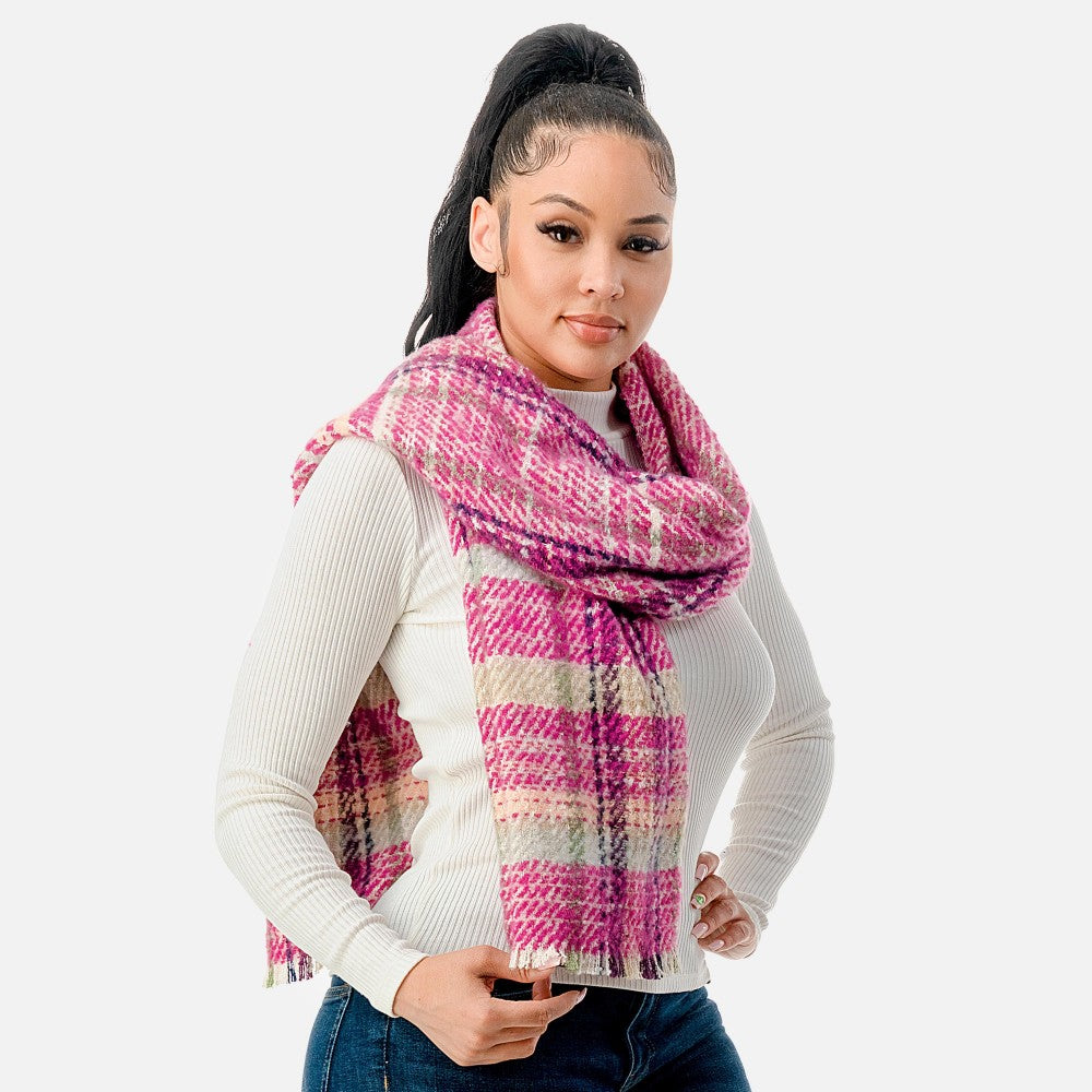 Fuzzy Plaid Scarf With Fringe Hemline-3 Colors