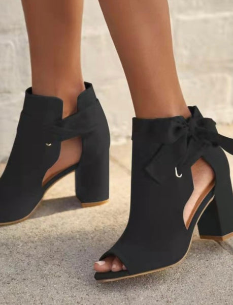 Suede Side Cutout Lace-Up Chunky Heels