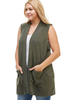 Army Green Ribbed Sleeveless Cardigan With Pockets