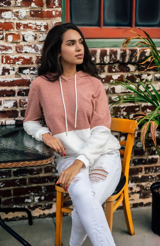 Pink/White Contrast Color Hooded Sweatshirt