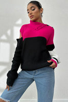 Contrast Buttoned Cutout Long Sleeve Sweater