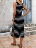 Striped Side Slit Sleeveless Midi Dress