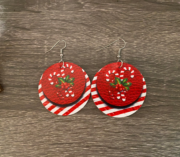 Round Christmas Candy Cane Earrings