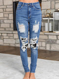 Cow Patchwork Frayed Jeans
