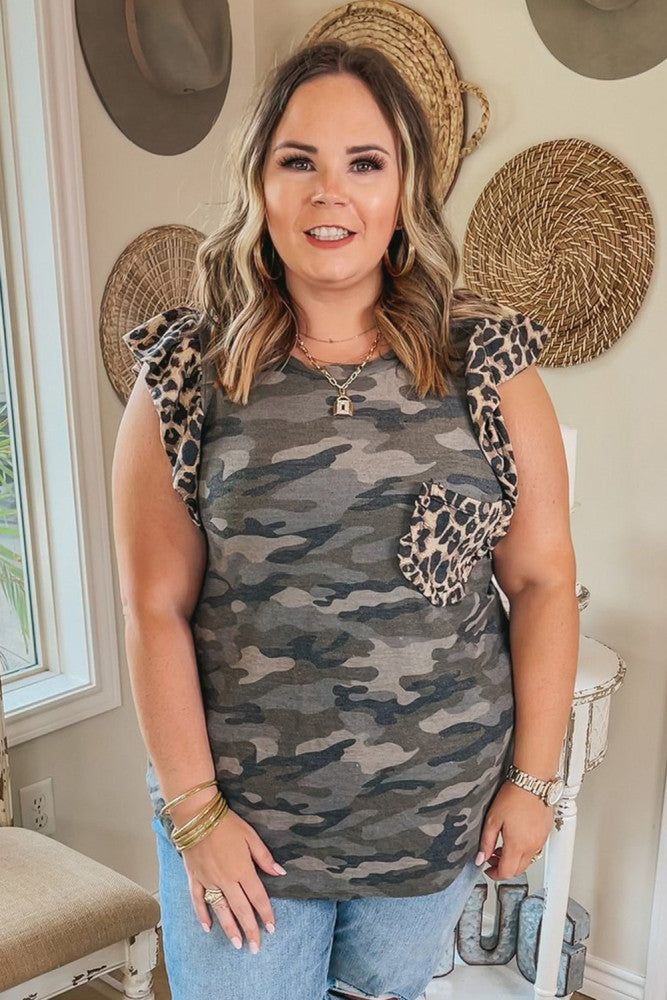 Leopard Print Flutter Sleeve Camo Top-Curvy