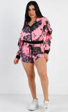 Pink & Black Tie-Dye Zip-Up Tie Sleeve Detail Hooded Crop Top & Short Set