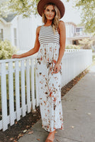 White Striped Floral Sleeveless Maxi Dress