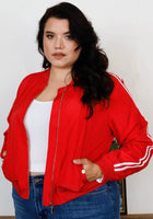 Red & White Retro Le Mans Stripe Trim Sporty Windbreaker Bomber Jacket-Curvy