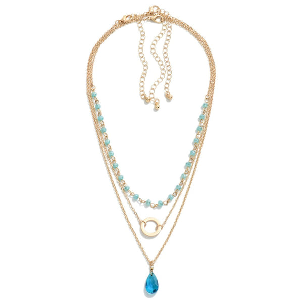 Chain Link Necklace Set W/ Semi-Precious Stone Pendant