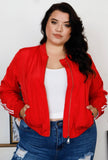 Red & White Retro Le Mans Stripe Trim Sporty Windbreaker Bomber Jacket-Curvy