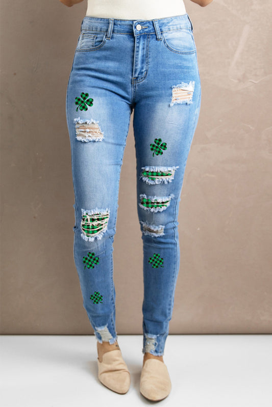 St. Patty’s Day Plaid Patched Clover Print Skinny Jeans