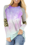 Purple Tie-dyed Striped and Leopard Long Sleeves Top