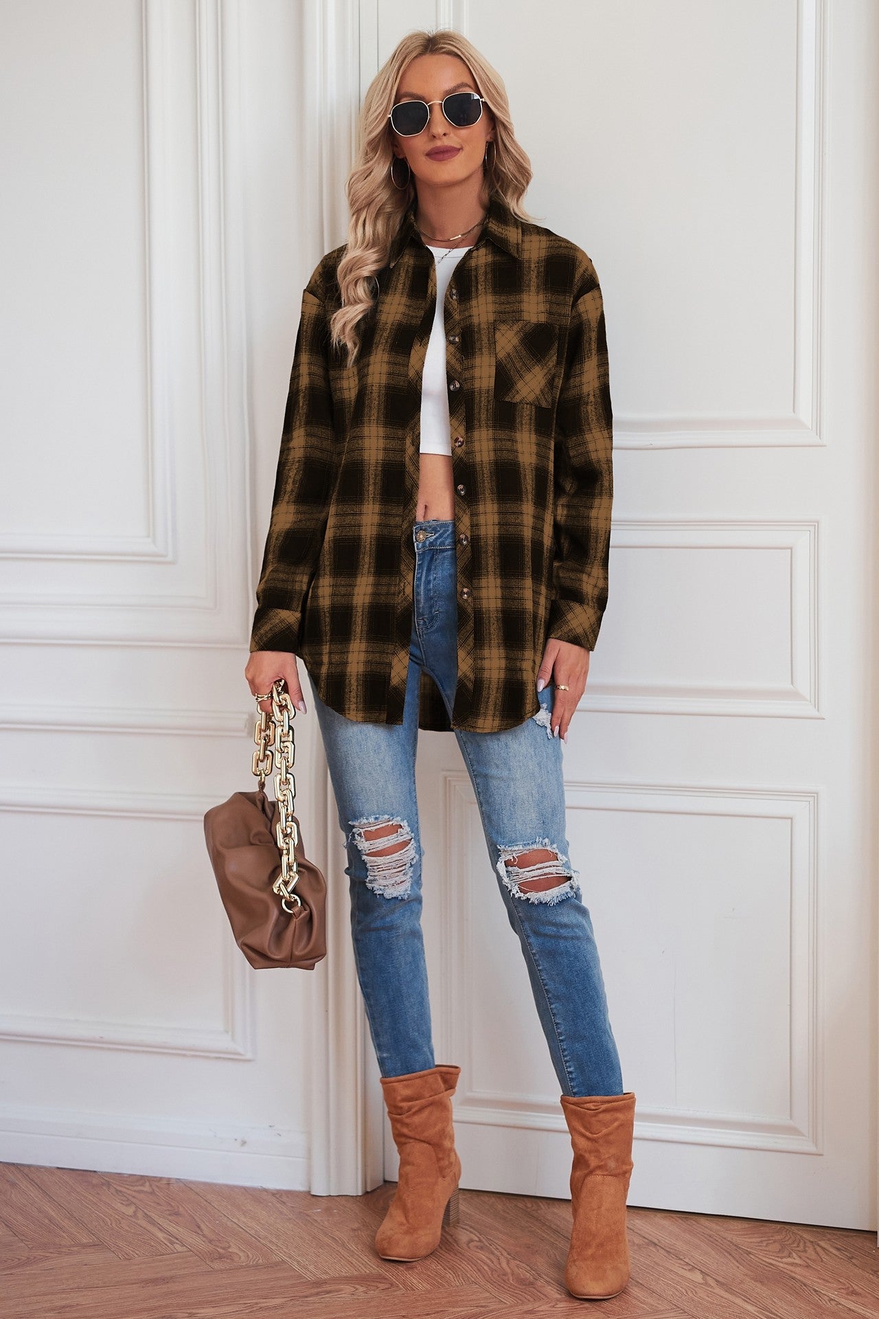 Plaid Curved Hem Longline Shirt
