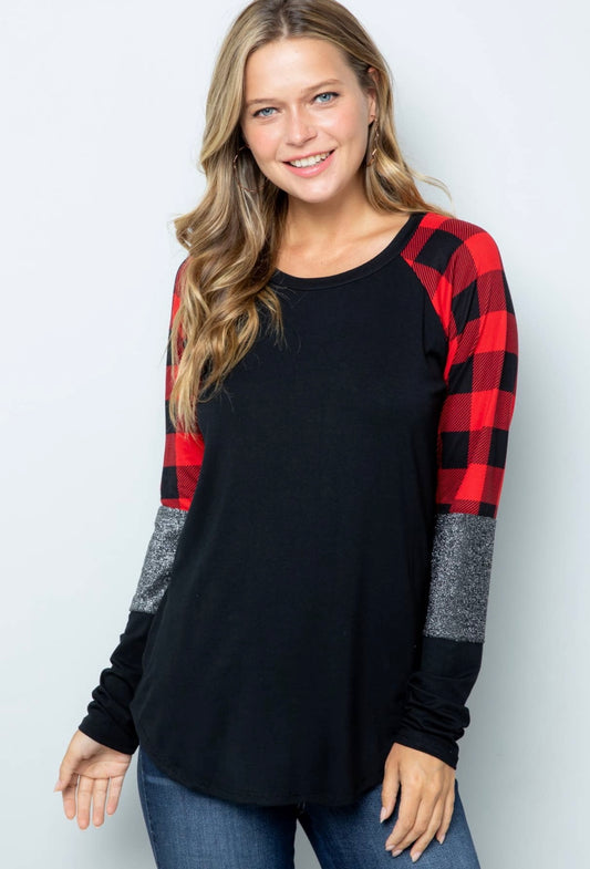 Acting Pro Red Plaid + Shimmer Contrast Long Sleeve Top