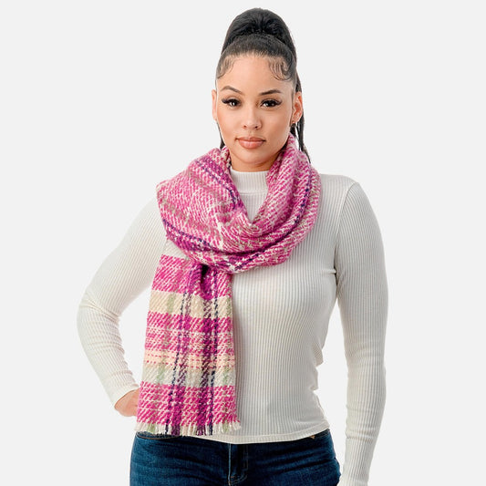 Fuzzy Plaid Scarf With Fringe Hemline-3 Colors