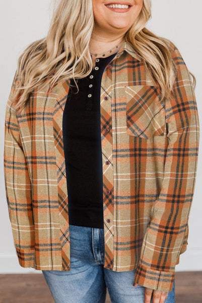 Brown Plaid Button Up Shirt Jacket-Curvy