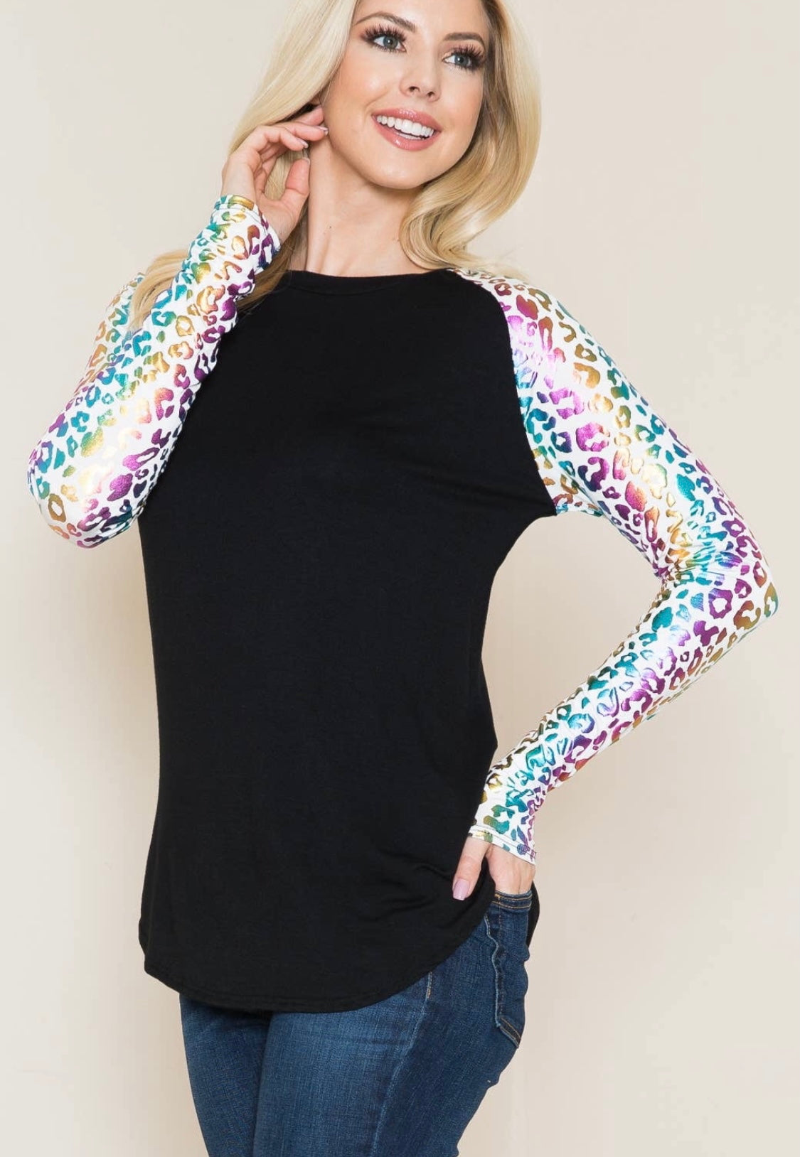 Acting Pro White Rainbow Sleeve Top