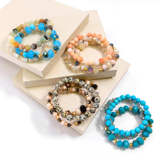 Semi Precious Set of Three Beaded Stretch Bracelets