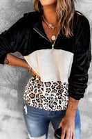 Soft Leopard Color Block Fleece Quarter-Zip Hoodie