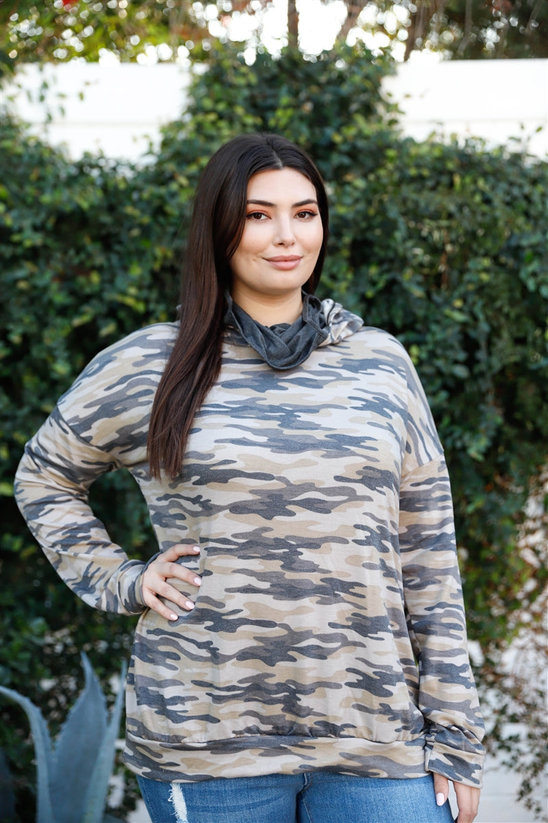 Camo Moss Mask Neck Detail Hooded Sweater