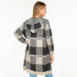 Knit Plaid Long Open Cardigan with Hood and Pockets